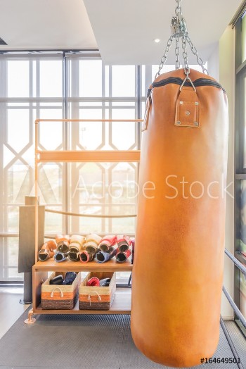 Bild på Boxing sand bags hanging at a sports gym